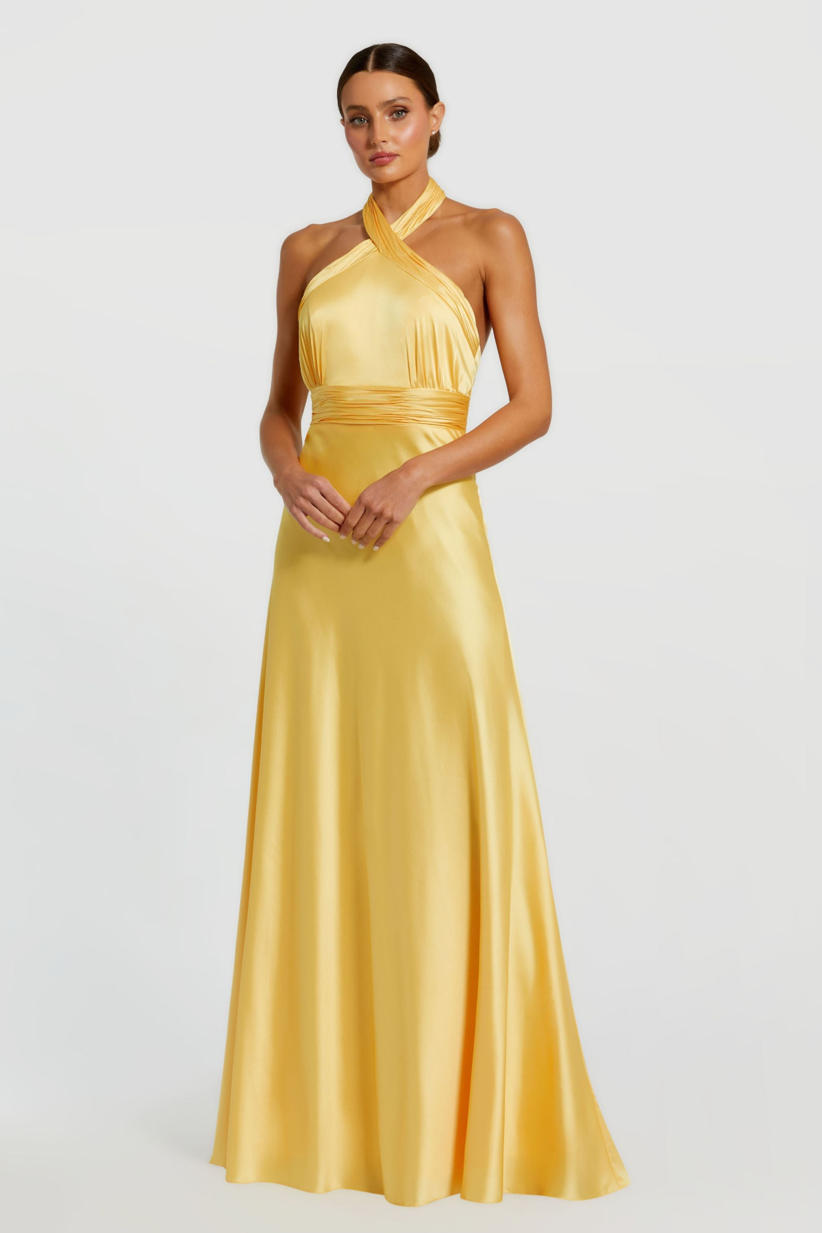 Ruched Halter Neck Tie Back Satin Gown