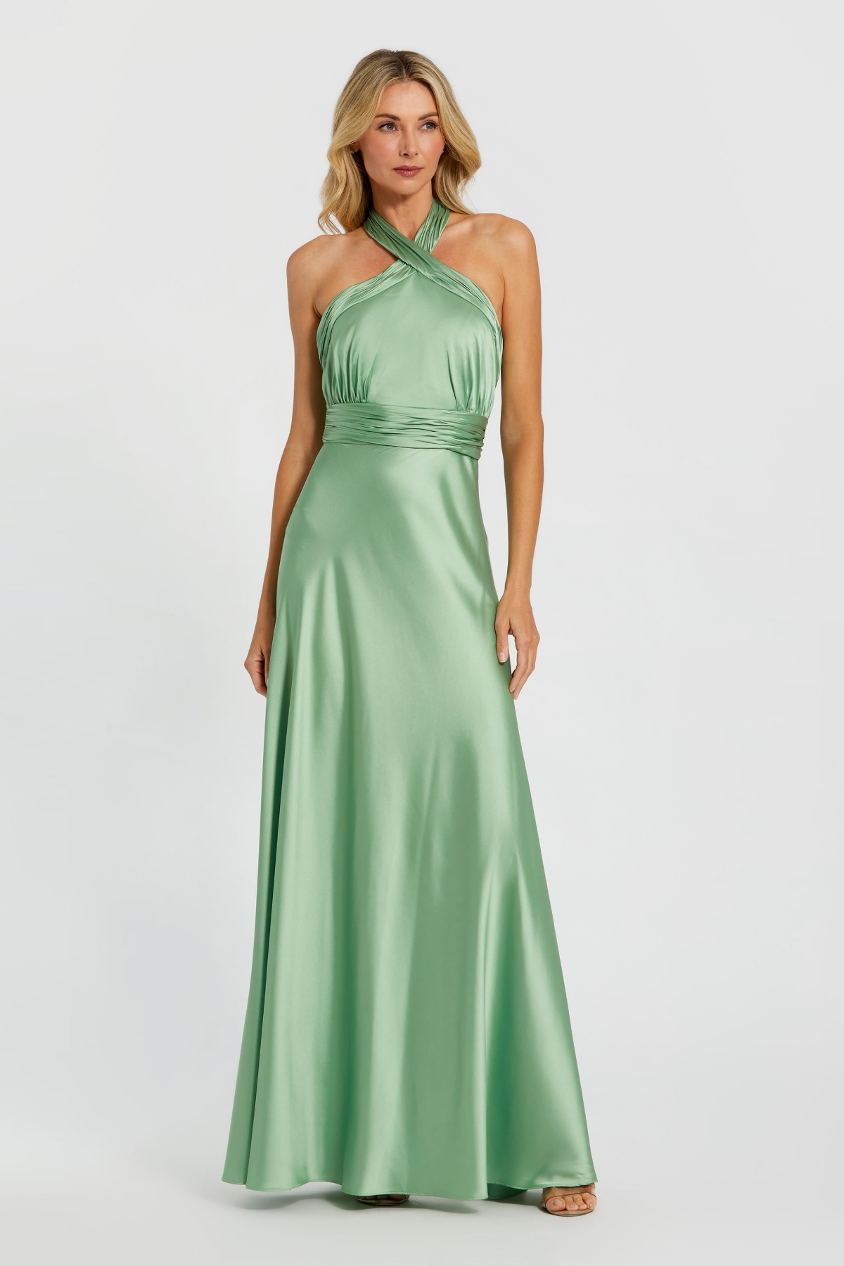 Ruched Halter Neck Tie Back Satin Gown