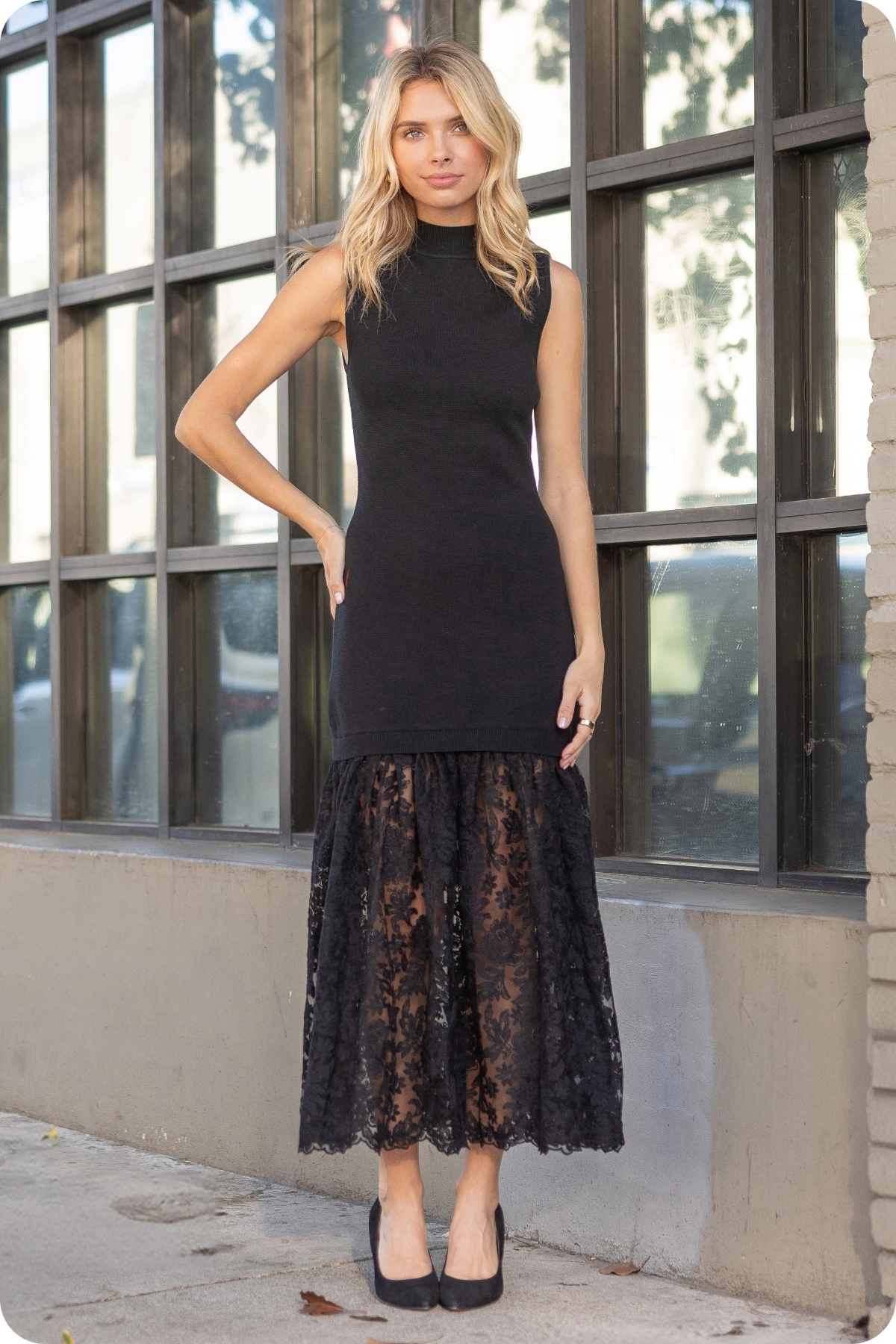 knee length dresses for ladies Mock Neck Midi Lace Dress Coffee / S