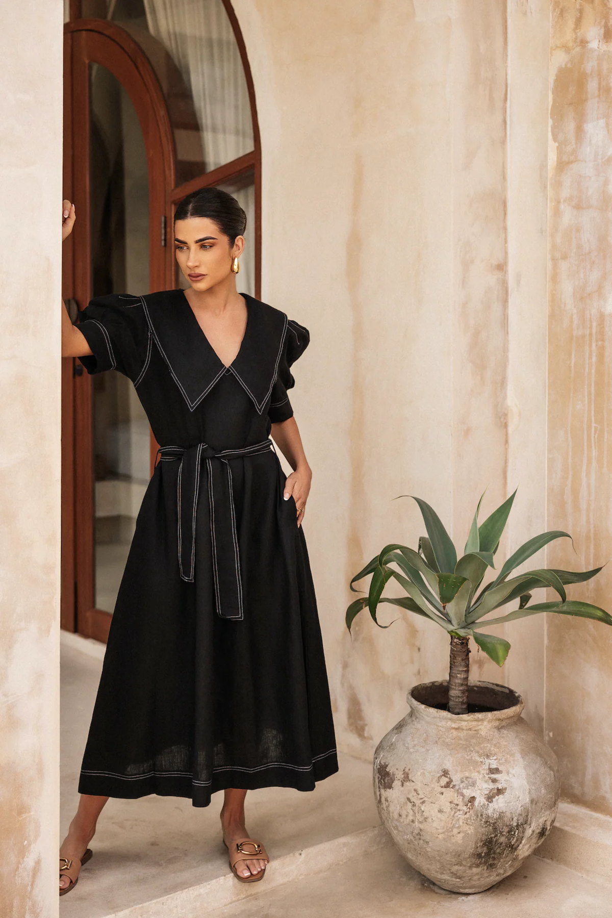 Camilla Dress by LJCDESIGNS, Statement Peter Pan Collar, Midi Length XS / Black linen (w. White stitch) Camilla Dress by LJCDESIGNS, Statement Peter Pan Collar, Midi Length XS / Black linen (w. White stitch)