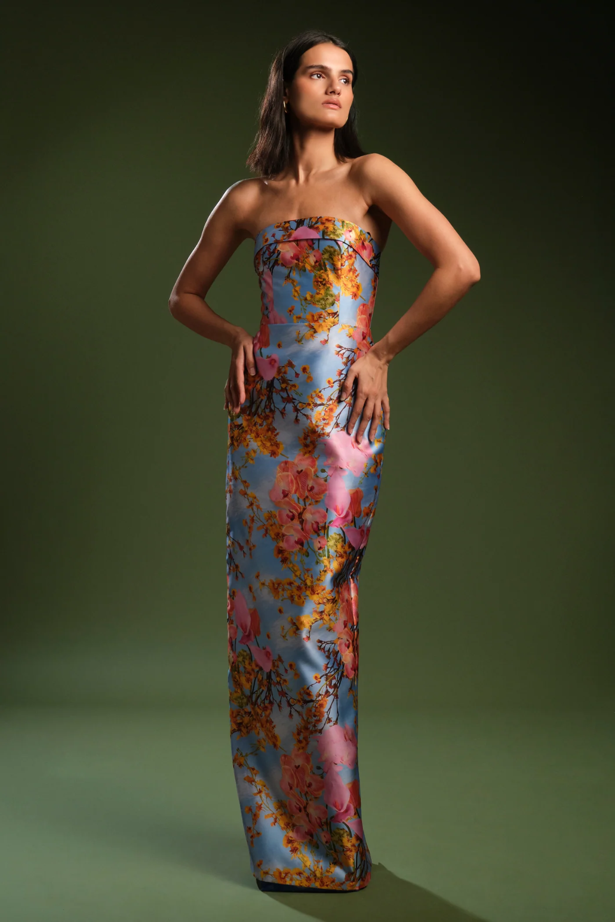Cleo Strapless Column Gown 2 / Whisper Blue Zen in Bloom