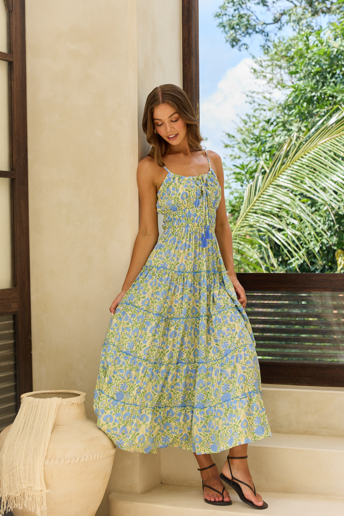 white dress green shoes Josie Printed Maxi Dress – Gina Bacconi main image 0