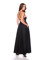 Black Lace Up Back Poplin Maxi Maxi Dress