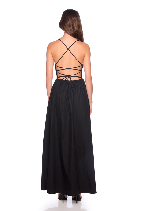 Tan Lace Up Back Poplin Maxi Maxi Dress
