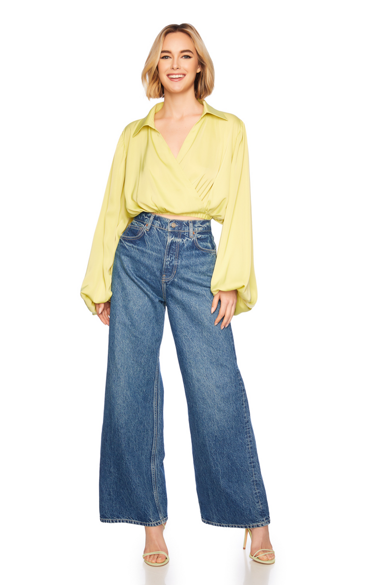 Dim Gray Matte Satin Wrap Poet Sleeve Top top