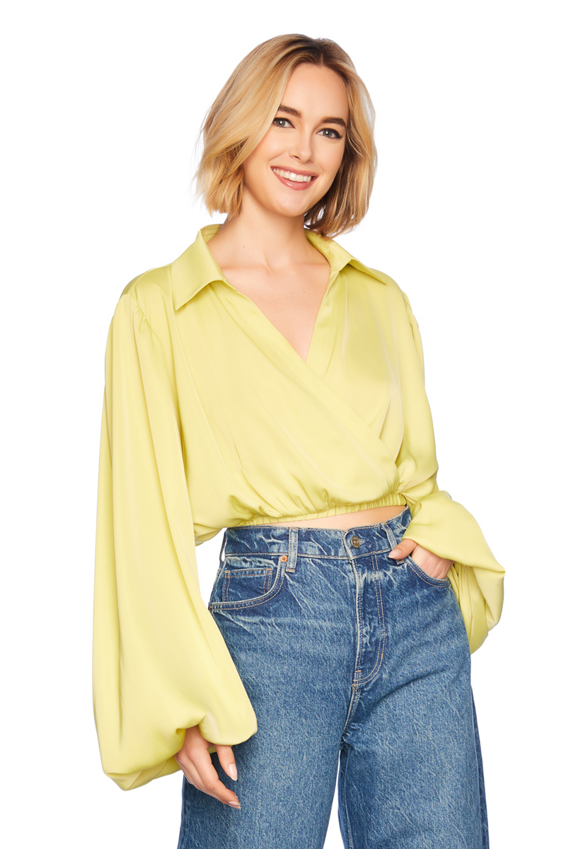 Pale Goldenrod Matte Satin Wrap Poet Sleeve Top top