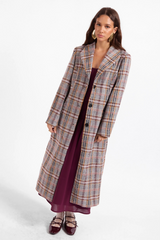 White Smoke Flower Bed Plaid Coat in Grey Wine Multi Coat