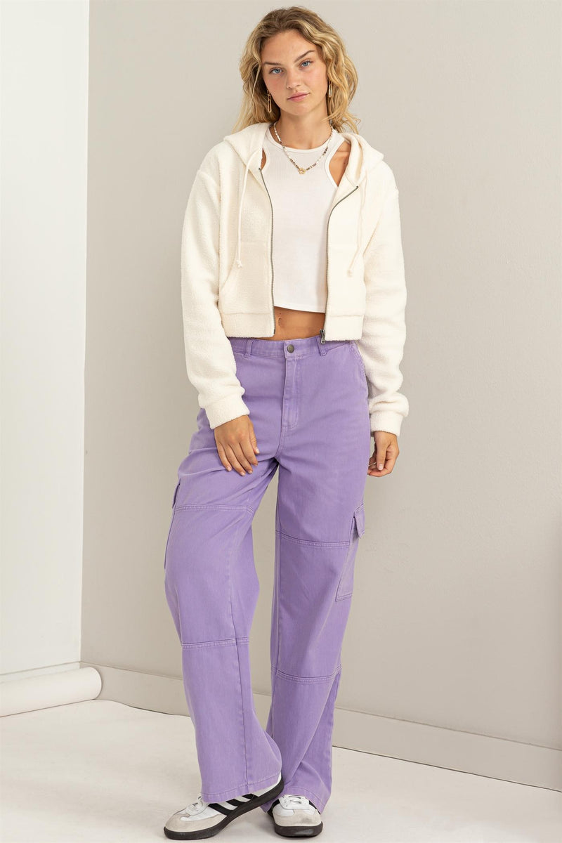Light Gray Set On You Sherpa Cropped Zip Up Hoodie Jacket