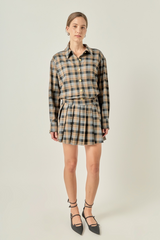 Light Gray Plaid Pleated Mini Skort in Camel/Grey Mini Skort