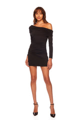 Dark Slate Gray Off The Shoulder Gathered Long Sleeve Dress Dress