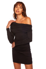 Black Off The Shoulder Gathered Long Sleeve Dress Dress