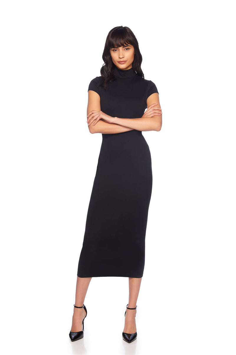 Tan Mock Neck Short Sleeve Dress Midi Dress