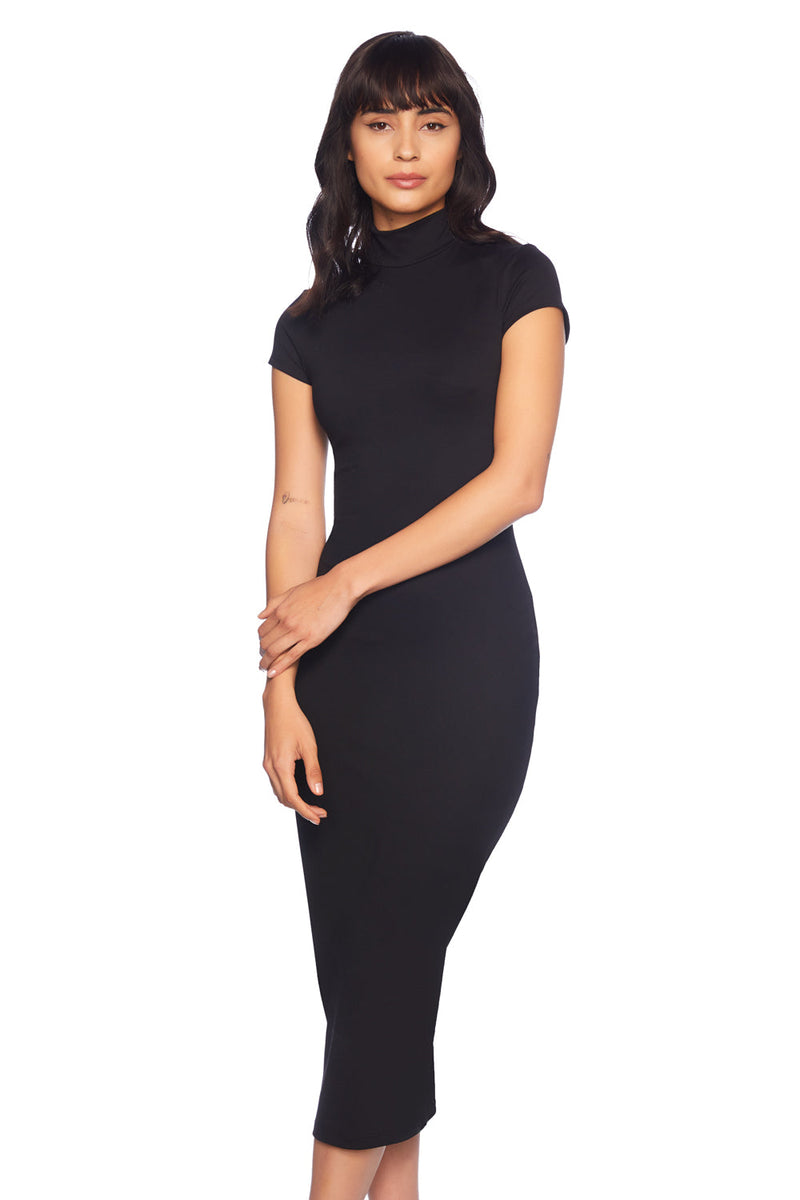 Dark Slate Gray Mock Neck Short Sleeve Dress Midi Dress