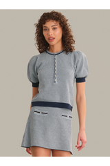 Dark Gray Grayson Tweed Like Puff Sleeve Henley sweater