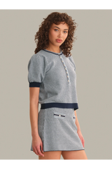 Dark Gray Grayson Tweed Like Puff Sleeve Henley sweater