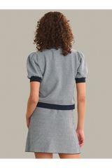 Dark Gray Grayson Tweed Like Puff Sleeve Henley sweater