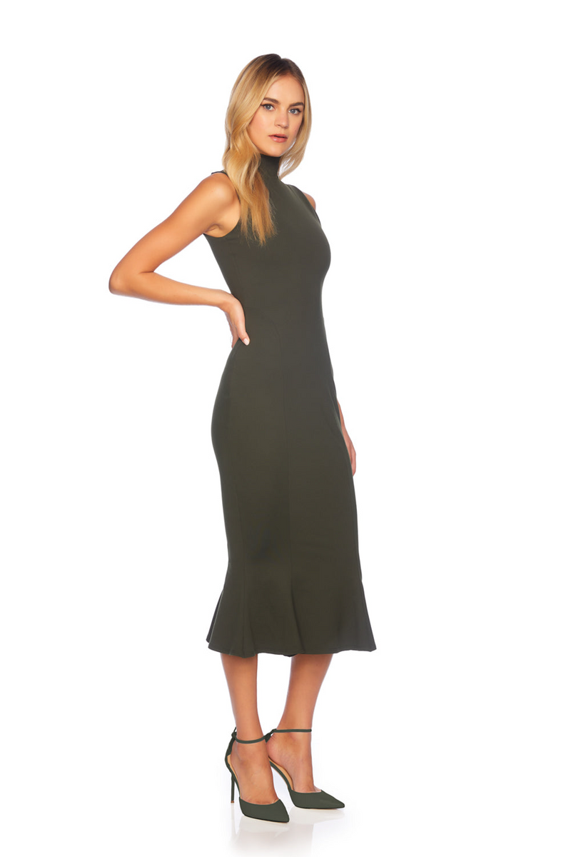 Dark Slate Gray Mock Neck Sleeveless Trumpet Midi Dress Midi Dress