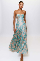Light Gray Phoebe Dress in Teal Vintage Floral Formal Dress