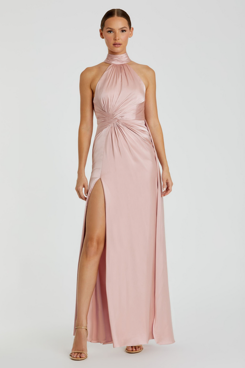 Pink Open Back High Neck Side Ruched Gown - Mac Duggal US 6 Pink Open Back High Neck Side Ruched Gown - Mac Duggal US 6