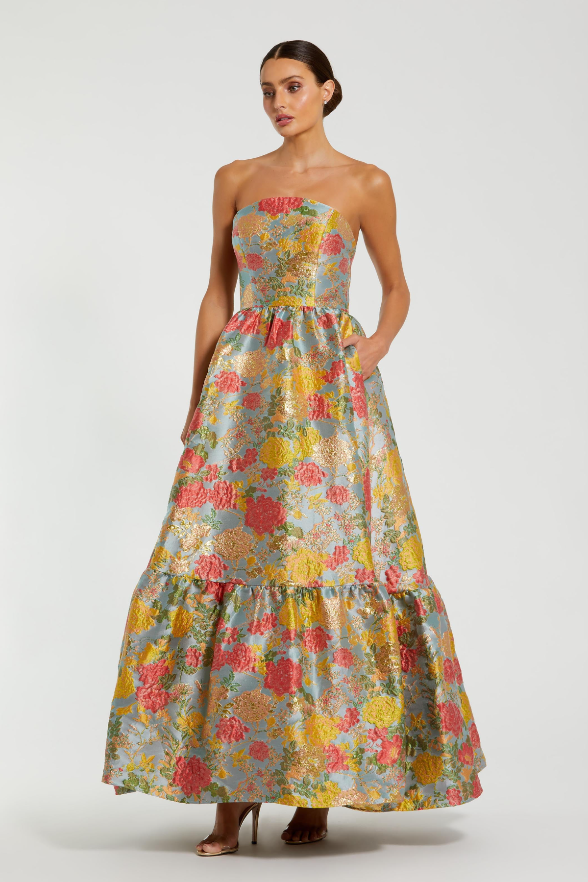 Strapless Brocade Floral Gown | Turquoise Multi – Two Cumberland