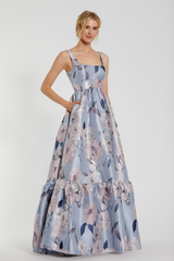 ★Mac Duggal★ Blue フリル袖 アシンメトリー ルーシュ ドレス Floral Printed Satin Square Neck Gown | Blue Multi – Two