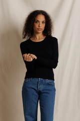 Black Flora Sweater Rib Crew Neck Long Sleeve Top