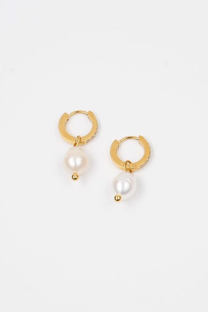 White Smoke Cz Pearl Drop Huggies Earring