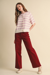 Bisque Joan Striped Short Sleeve Cardigan Cardigan