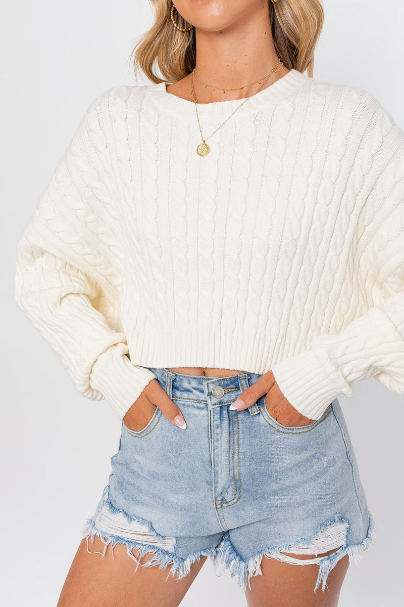 Light Gray Prepster Cable Knit Cropped Sweater Shirts & Tops