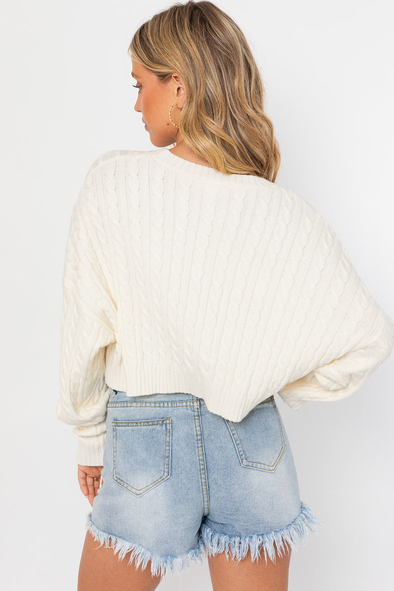Beige Prepster Cable Knit Cropped Sweater Shirts & Tops