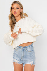 Antique White Prepster Cable Knit Cropped Sweater Shirts & Tops