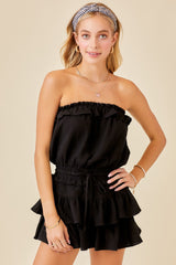 Black Gauze Flounce Romper Romper