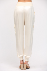 Beige Jazzy Satin Cargo Jogger Pant Pant