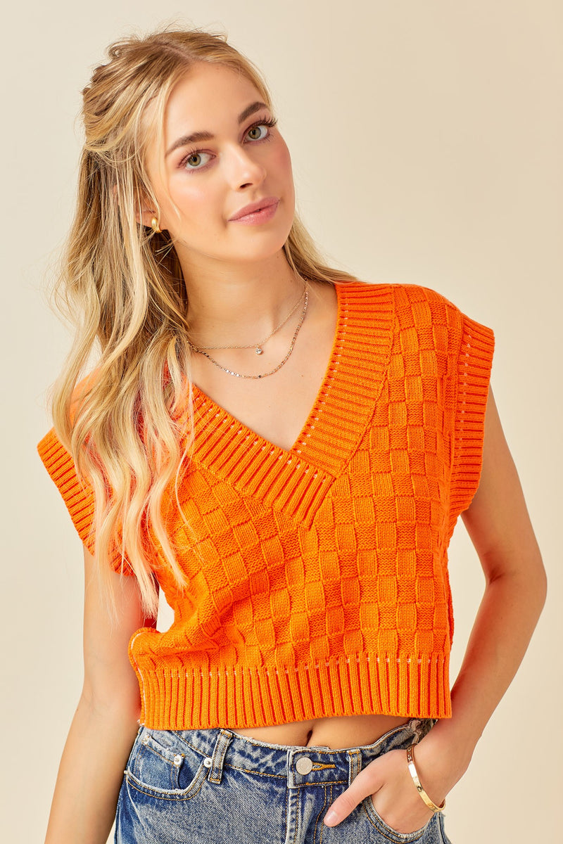 Wheat Checkered Sweater Vest Top