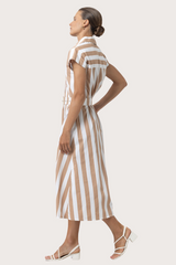 Beige Cindy Poplin Dress in Halo Stripe Midi Dress