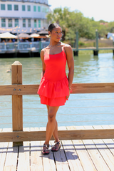 Light Blue Knit Poplin Strap Drop Waist Double Tier Mini Mini Dress