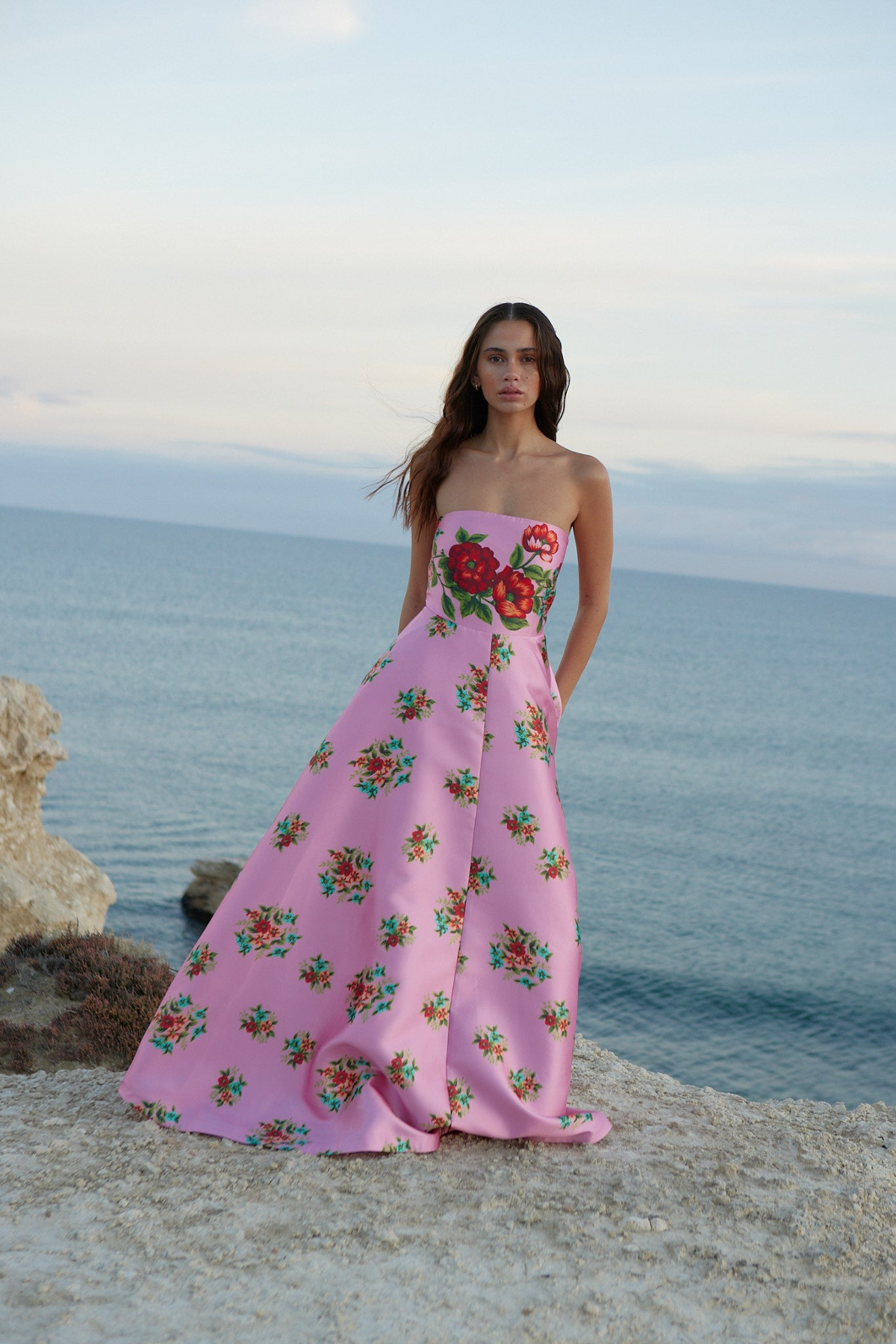 aston studio audrey strapless floral taffeta maxi dress Women's Fit & Flare - Salmon Bouquet Apricot Lace Rose Edwardian AUDREY DRESS IN SALMON size-xtra-large Width:Wide