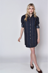 Light Gray Denim & Brown Stripe Girlfriend Mini Dress Mini Dress