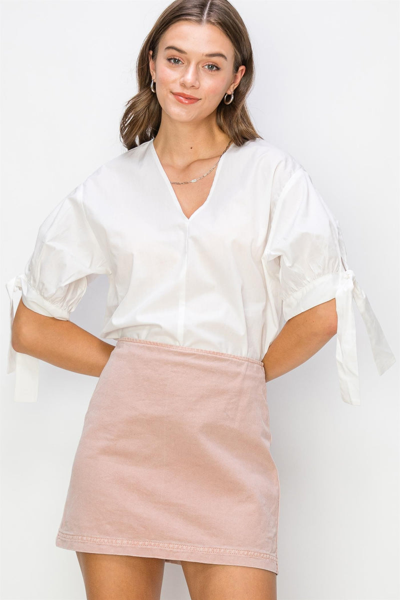 Antique White Atlas Puff Sleeve Top Top