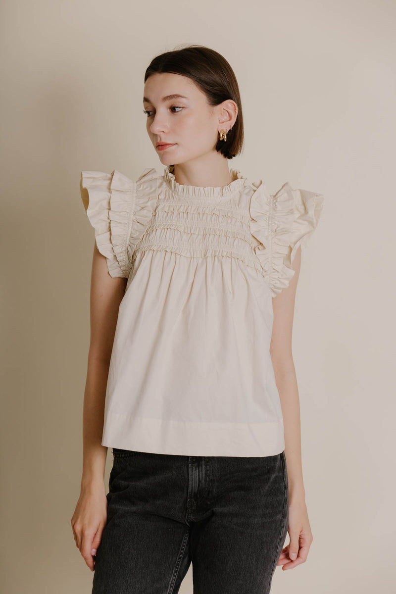 Dark Gray Loveland Smocked Flutter Sleeve Top Top