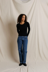 Gray Flora Sweater Rib Crew Neck Long Sleeve Top