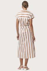 Beige Cindy Poplin Dress in Halo Stripe Midi Dress
