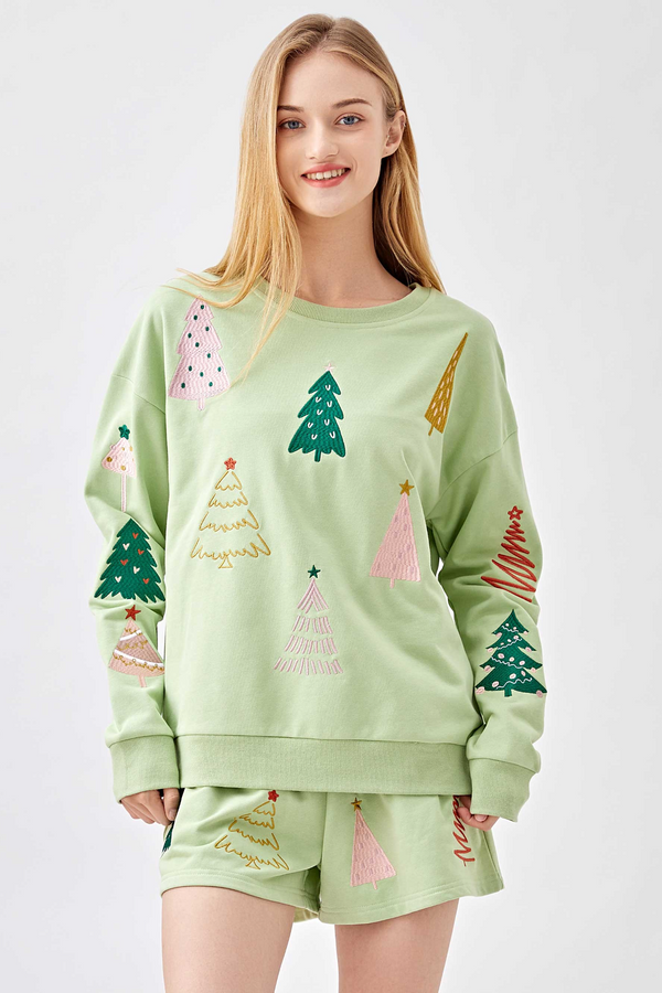 Light Gray Glistening Pine Embroidery Sweatshirt Sweatshirt