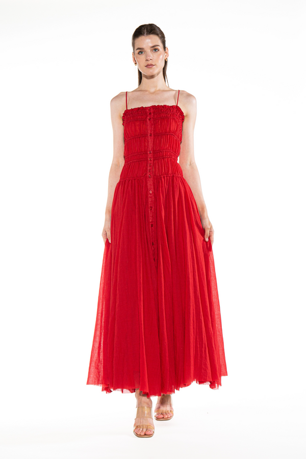 Firebrick Celeste Ruffled Ruched Maxi Maxi Dress