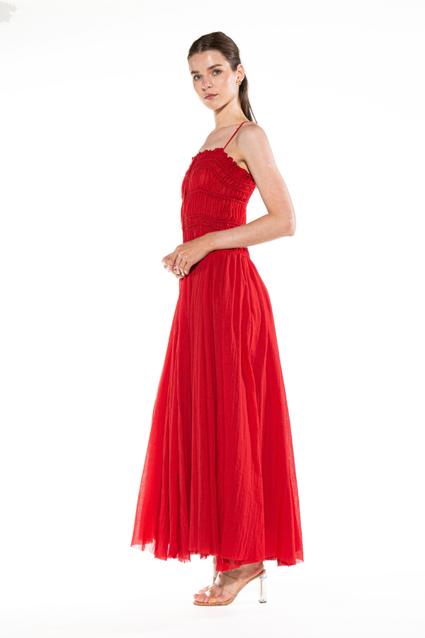 Bisque Celeste Ruffled Ruched Maxi Maxi Dress
