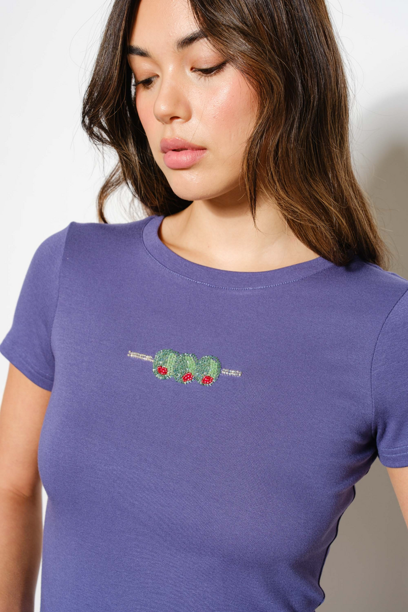 Slate Gray Olives Beaded Tee T Shirt