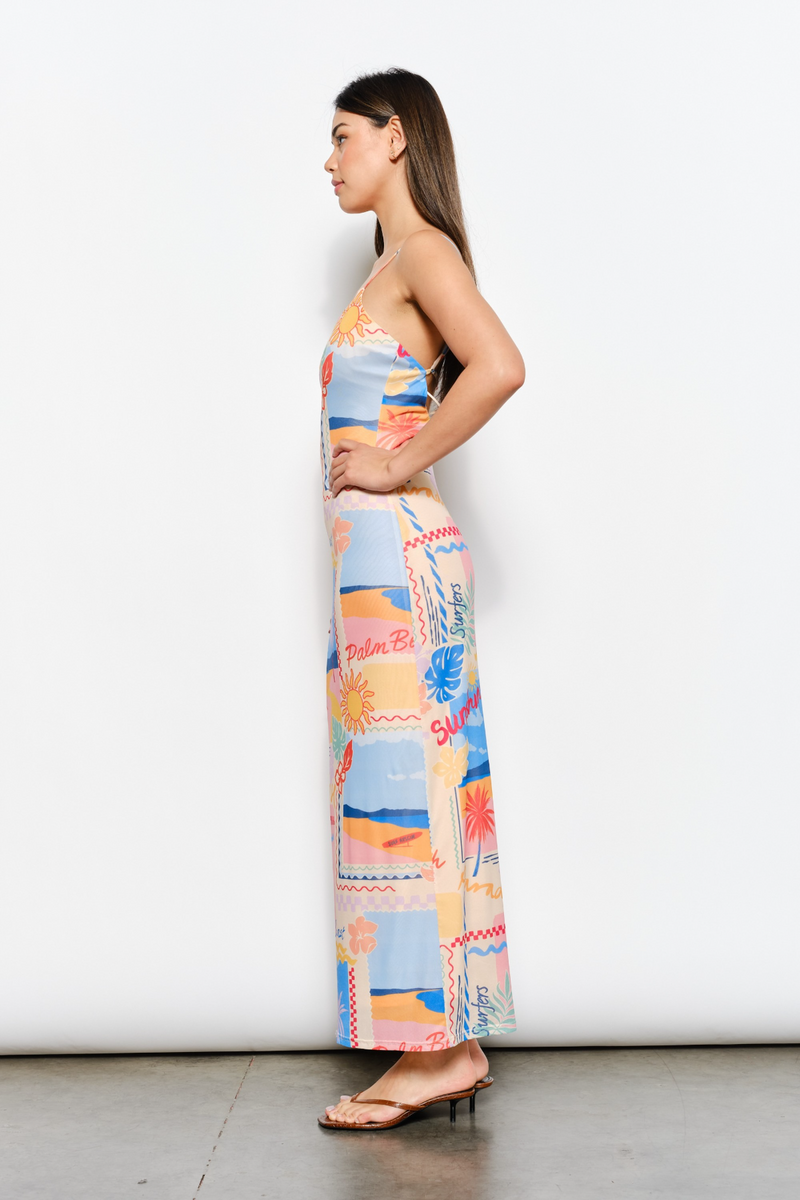 Beige Coastal Mirage Mesh Maxi Maxi Dress