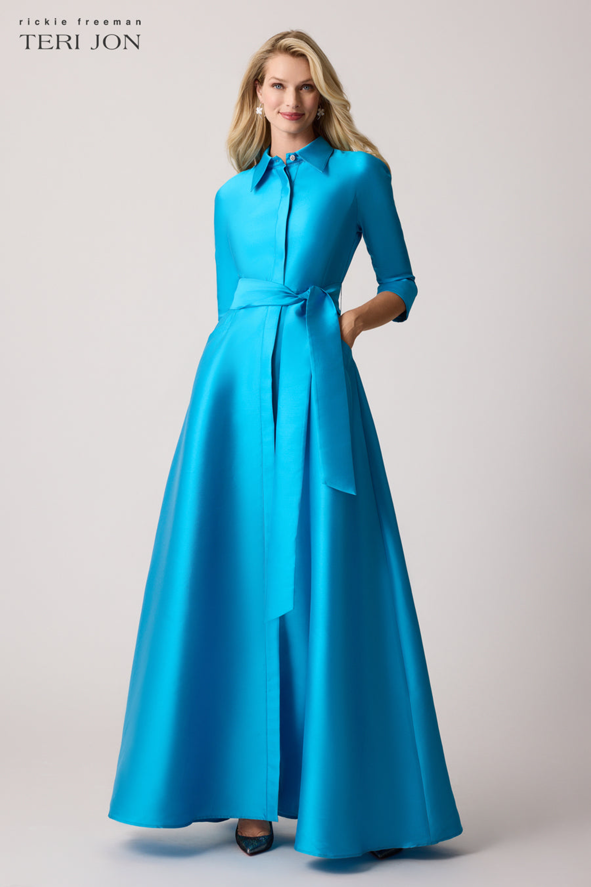 formal shirt dress gown Rickie Freeman For Teri Jon Belted Jacquard Shirtdress Gown, Champagne, Women's, 10 Gowns Textured in blooms and closed with bejeweled buttons this regally polished gown will turn heads and get glasses raised. A-Line Floor Length Shirt Dress