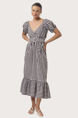 Beige Leeta Belted Poplin Dress in Pencil Stripe Midi Dress