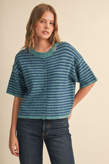 Light Gray Stripe Society Short Sleeve Cardigan Cardigan